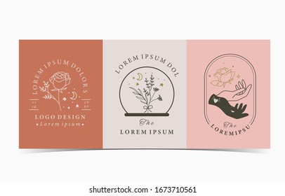 Collection of occult background set with hand, rose,moon.Editable vector illustration for website, invitation,postcard and sticker