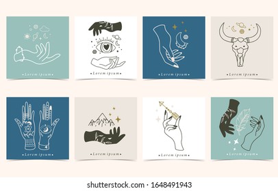 Sammlung okkulter Hintergrundset mit Hand, Pfeil, Mond.Bearbeitbare Vektorillustration für Website, Einladung, Postkarte und Aufkleber