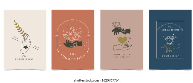 Collection of occult background set with hand,crystal,leaf,heart.Editable vector illustration for website, invitation,postcard and sticker