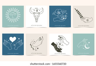 Collection of occult background set with hand,flower,arrow,moon.Editable vector illustration for website, invitation,postcard and sticker