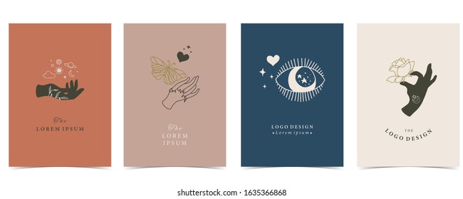 Collection of occult background set with hand,planet,heart,moon.Editable vector illustration for website, invitation,postcard and sticker