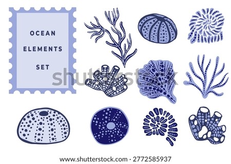 Collection of ocean botanical elements with corals and sea shells in dotwork stipple style. Hand drawn vector illustration set for marine-themed branding