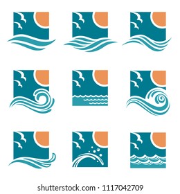 collection of ocean emblems with waves, sun and seagulls