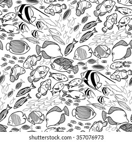 Collection of  ocean fish drawn in line art style on white background. Vector seamless pattern. Coloring book page design for adults and kids