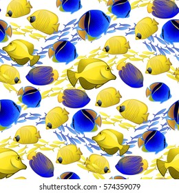 Collection of ocean fish in vivid colors . Vector seamless pattern.