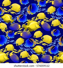 Collection of ocean fish in vivid colors . Vector seamless pattern.