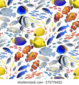 Collection of ocean fish in vivid colors . Vector seamless pattern.