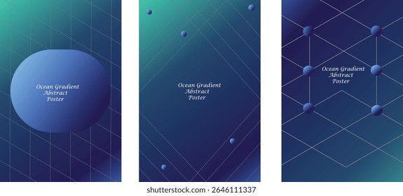 Colección del cartel Abstractas del gradiente del océano con la rejilla isométrica – diseño futurista del fondo de la tecnología.
