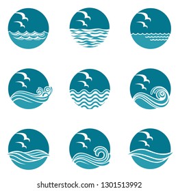 collection of ocean icons with waves and seagulls