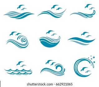 collection of ocean logo with waves and seagulls