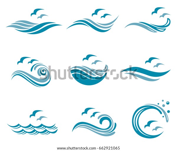 波とカモメを持つ海のロゴコレクション のベクター画像素材 ロイヤリティフリー