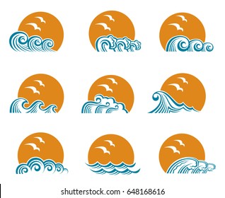 Collection of ocean logos with waves and seagulls. Vector illustration

