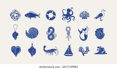 Collection of ocean and sea-themed vector illustrations. Includes waves, marine animals, shells, boats, and underwater elements. Perfect for summer designs and nature projects.