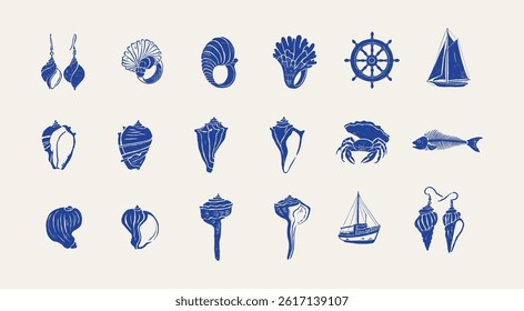 Collection of ocean and sea-themed vector illustrations. Includes waves, marine animals, shells, boats, and underwater elements. Perfect for summer designs and nature projects.