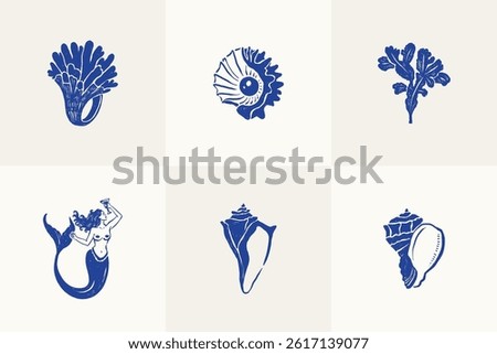 Collection of ocean and sea-themed vector illustrations. Includes waves, marine animals, shells, boats, and underwater elements. Perfect for summer designs and nature projects.