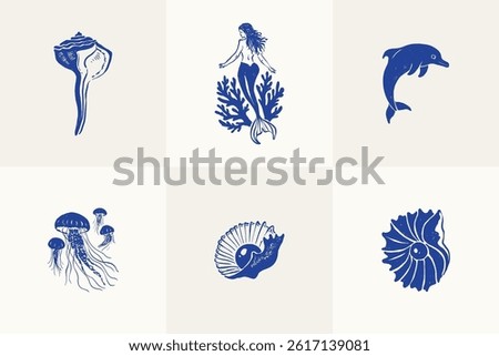 Collection of ocean and sea-themed vector illustrations. Includes waves, marine animals, shells, boats, and underwater elements. Perfect for summer designs and nature projects.