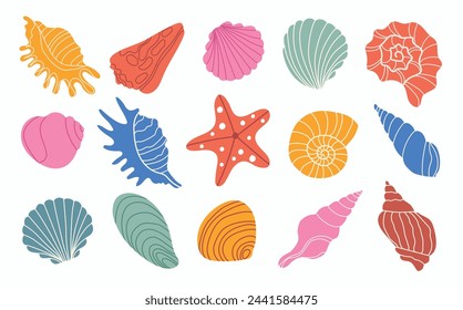 Colección de conchas y estrellas de mar. Conjunto de varias conchas de mar y siluetas de estrellas de mar. Ilustración vectorial. 