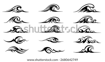 Collection of ocean wave line drawings, vector set of sea surf illustrations for a minimalist nature logo or water-themed design.