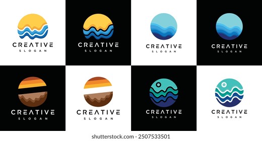 Collection of Ocean Wave logo designs, river water flow, water abstract vector pattern logos in blue and orange colors.	