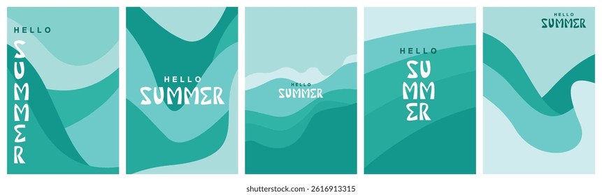 Collection of ocean wave summer posters. Summertime, vacation, cover templates. Vector illustrations.
