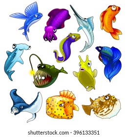 The collection of oceanic and marine life. Fish isolated on a white background. Vector cartoon close-up illustration.