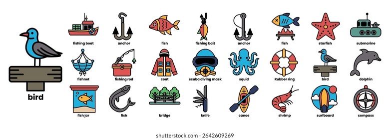 A collection of ocean-related icons, including fish, boats, and birds. The icons are arranged in a grid, with some overlapping each other. Scene is playful and lighthearted, with a focus on the fun