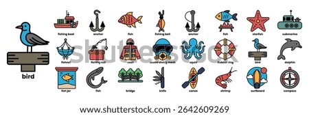 A collection of ocean-related icons, including fish, boats, and birds. The icons are arranged in a grid, with some overlapping each other. Scene is playful and lighthearted, with a focus on the fun