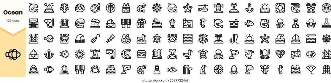 A collection of ocean-themed icons showcasing various elements like anchors, waves, and marine life, perfect for beach and nautical designs.