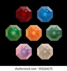 Collection octagonal faceted gems of different colors. Ruby, diamond, sapphire, emerald, topaz, amethyst, aquamarine. Vector illustration, isolated on a black background.