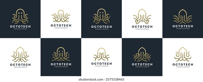 Collection of octopus logo designs. Octopus logo template made with lines.
