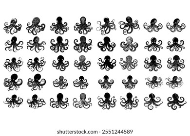 Collection of Octopus Silhouettes and Illustrations in Black Ink Design