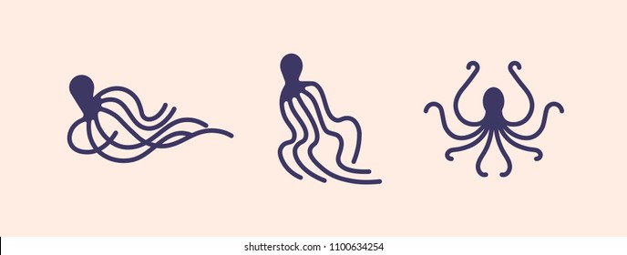 Collection of octopus silhouettes isolated on light background. Set of marine animal or mollusc with tentacles in various poses. Sea creature, underwater inhabitant. Vector illustration for logotype