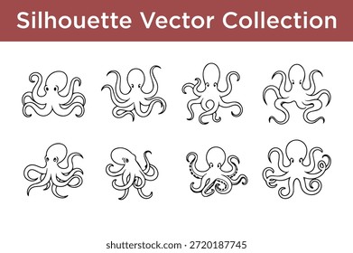 Sammlung von Tintenfisch-Silhouetten einzeln auf weißem Hintergrund