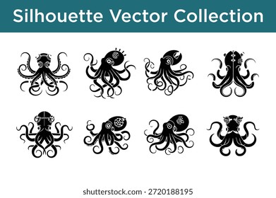 Sammlung von Tintenfisch-Silhouetten einzeln auf weißem Hintergrund