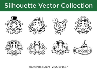 Collection of octopus silhouettes isolated on white background