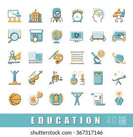 Collection od educational icons. Back to school. Flat line icons related to school and education, distance learning, creative process, science, art and sport