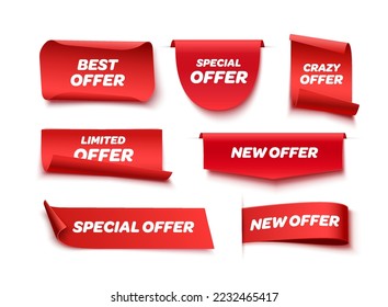 Collection of Offer Tags. Red Discount Labels. Vector Illustration