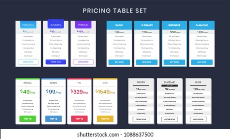 Collection of offer tariffs template flat style design. Multicolored price lists of different plans for websites and applications vector illustration. Place for text. Isolated on black background