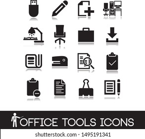 Collection of office and business elements - document, calendar, report, writing tools, fax, printer, paper, briefcase, envelope - icon.
