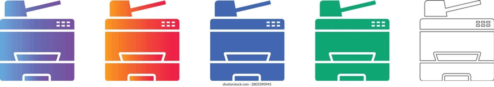 A collection of office copier icons featuring a document feeder, rendered in stylish gradients and a clean outline format, suitable for business workflow and office equipment branding.