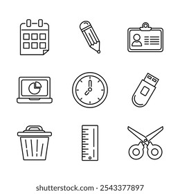 Collection of office equipment icons, symbols, lines. Simple vector illustration