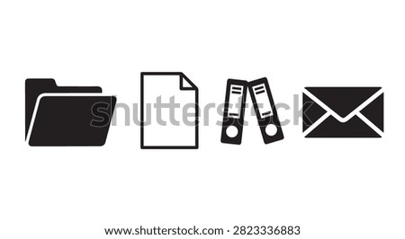 A collection of office essentials including folders, paper, binders, and an envelope, arranged neatly for professional workspace organization.