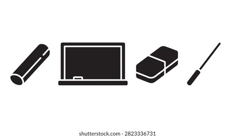 A collection of office essentials including a pen, eraser, notebook, and laptop, ideal for workspace or study environment.