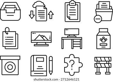 Collection of office icons including documents cloud storage and computer setup isolated on transparent background