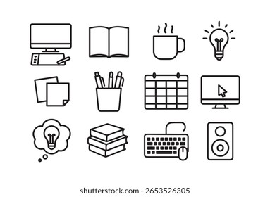 Una colección de iconos de oficina que representan materiales y objetos de oficina en un diseño minimalista en blanco y negro. Ideal para Sitios web y negocios.