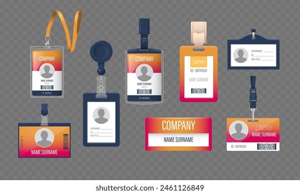 Collection Of Office Identification Badges in Different Styles Of Holders, Lanyards And Retractable Clips, 3d Vector Set