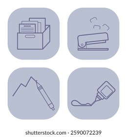 Collection of office line icons with various workspace activities like filing documents, stapling papers, drawing graphs, and applying glue