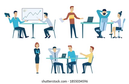Collection of office meetings. Teamwork at workplace. Business planning process. People talking and working at conference room. Vector cartoon interior. Discussion of the company business strategy