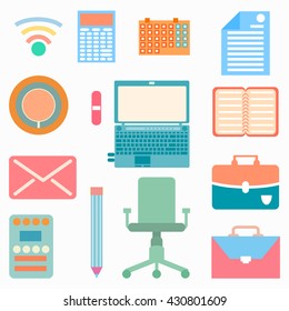 Collection of office objects icons in gentle colors