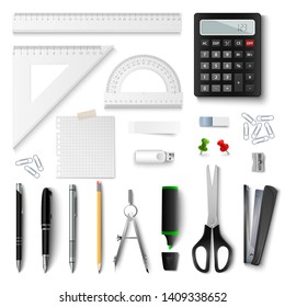 Collection of office and school supplies on white background